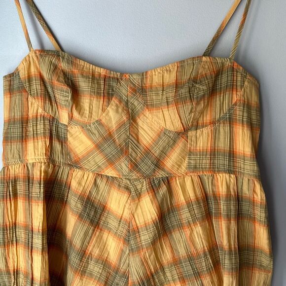 Urban outfitters Lorelei crinkle plaid romper size large yellow orange shorts su - Picture 2 of 8